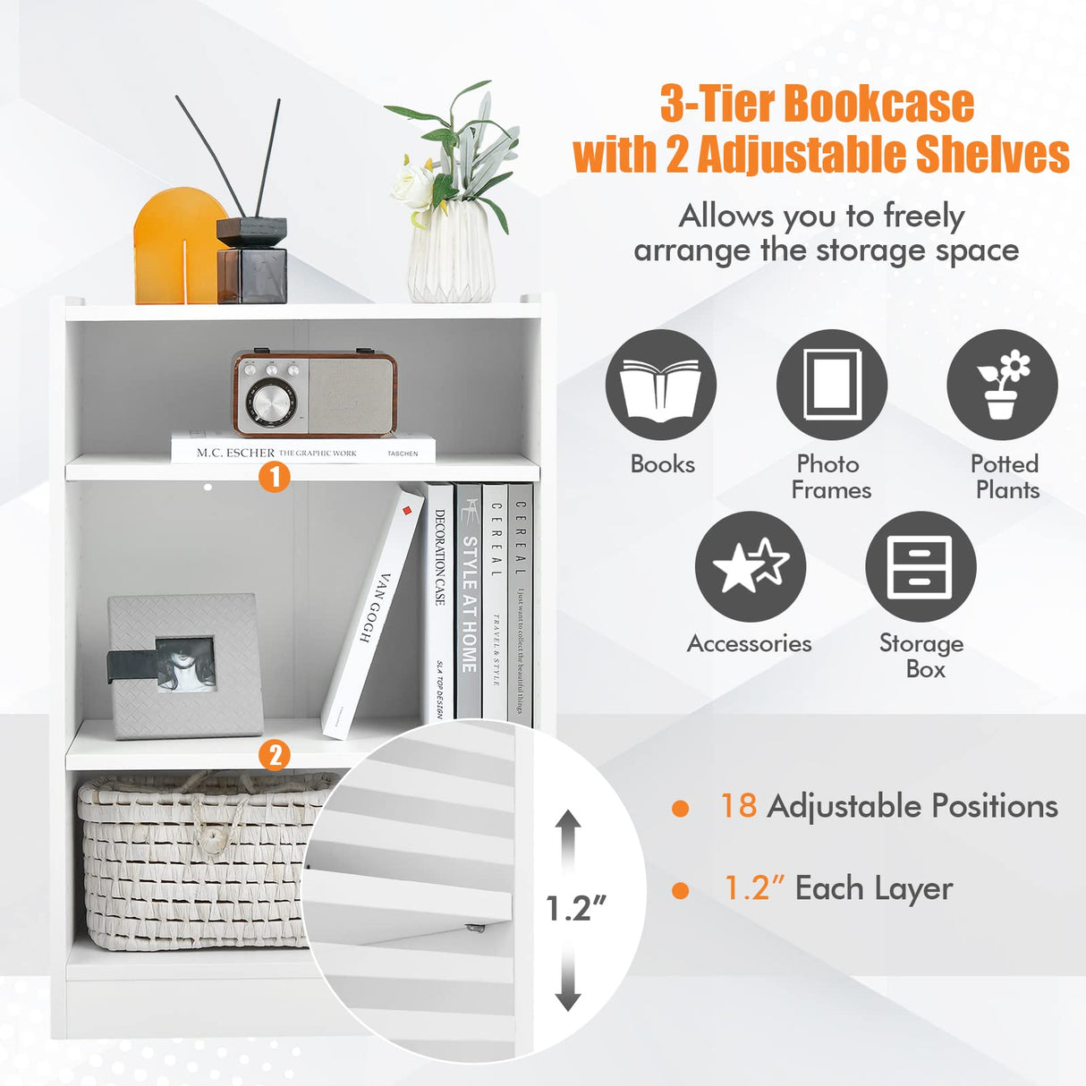 Giantex 3-Tier Modern White Cube Bookcase with Adjustable Shelves and Anti-Tipping Device Giantex