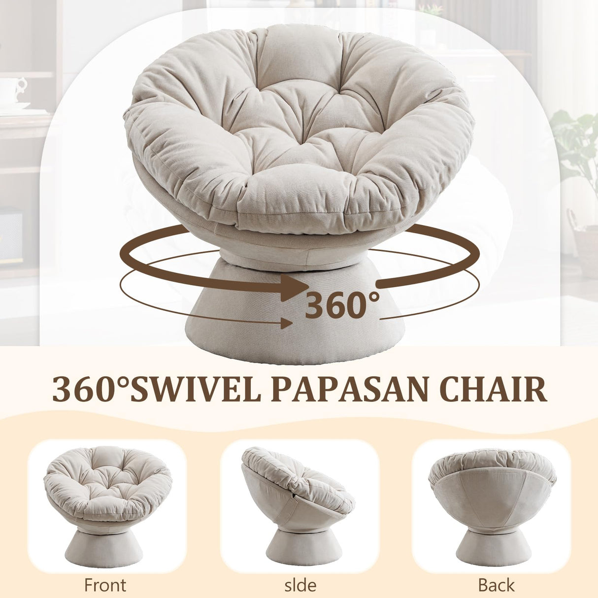 Papasan Chair,Papasan Chair with Cushion and Frame,Comfy Chenille Upholstered Round Reading Chair,Oversized 360° Swivel Accent Chair with Metal Base Lazy Chair for Bedroom,Living Room,Light Beige WIIS' IDEA