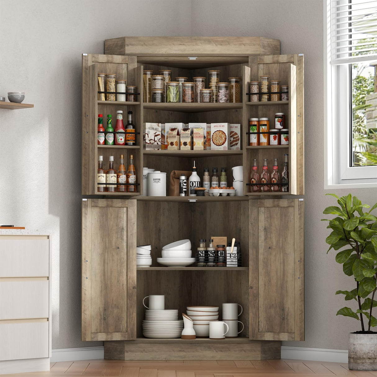Gyfimoie Corner Cabinet,Kitchen Pantry Storage Cabinet,Freestanding Buffet Cabinet with 4 Doors and Shelves,Tall Food Pantry Cabinet Farmhouse Furniture with Side Rack for Kitchen Dining Room(Retro) Gyfimoie
