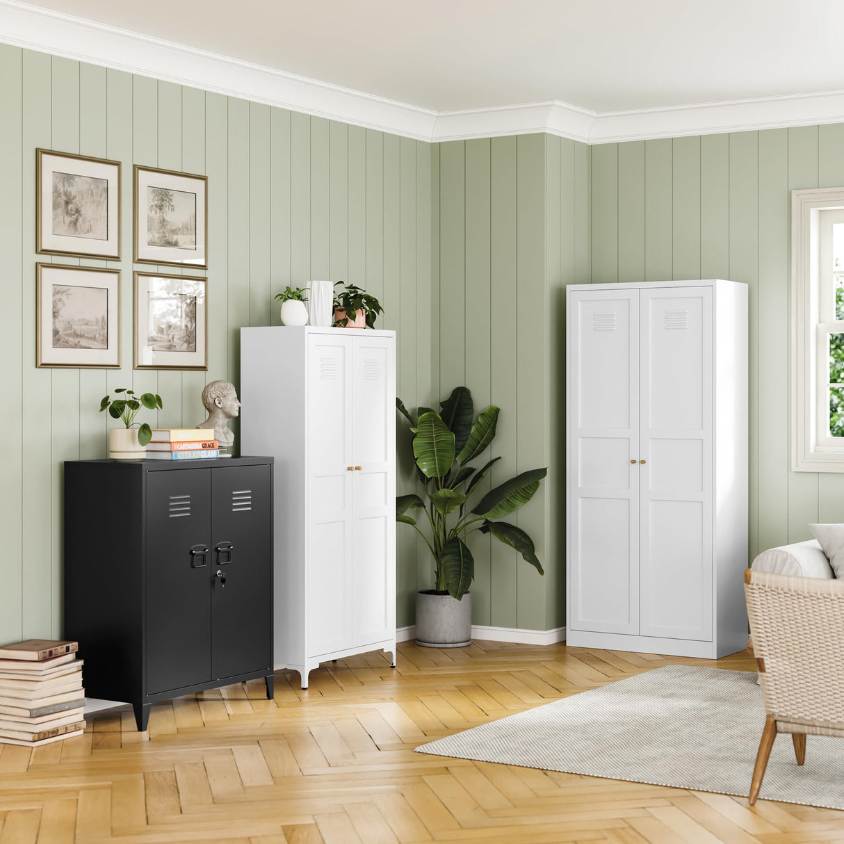 RAVIGIN Metal Storage Cabinet with Locking Feature, 2 Adjustable Shelves, 40" Small Cabinet for Home Office, School, Kitchen, Garage, Gym (White) RAVIGIN