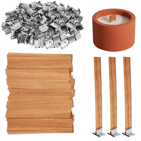 BVMGTT Wood Wicks for Candle Making, 100 Sets Natural Wooden Wicks with 100 Metal Sustainers, 5.1 "x 0.5" x0.02 Thin Crackling Wicks for Soy Wax & Coconut Wax, Perfect for DIY, Home Decor, Gifts BVMGTT