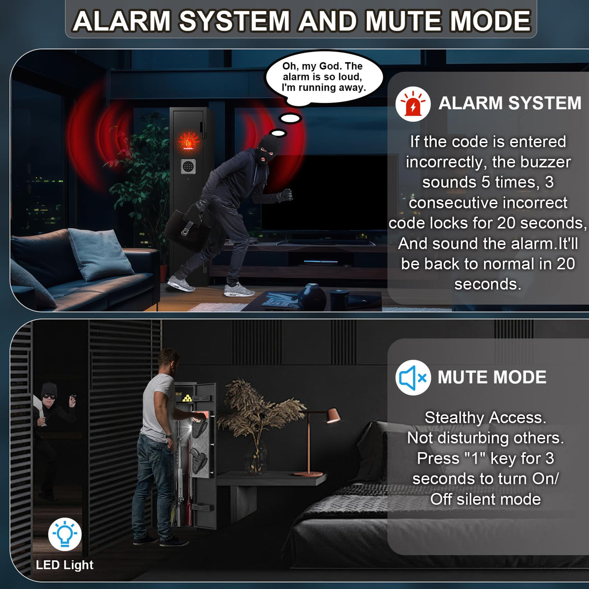 HEANVO 2-3 Rifle Gun Safe, Quick Access Gun Safe with Alarm, Home Gun Safe with Digital Keypad, Compact Long Gun Safe with Removable Spacer and LED Lights HEANVO