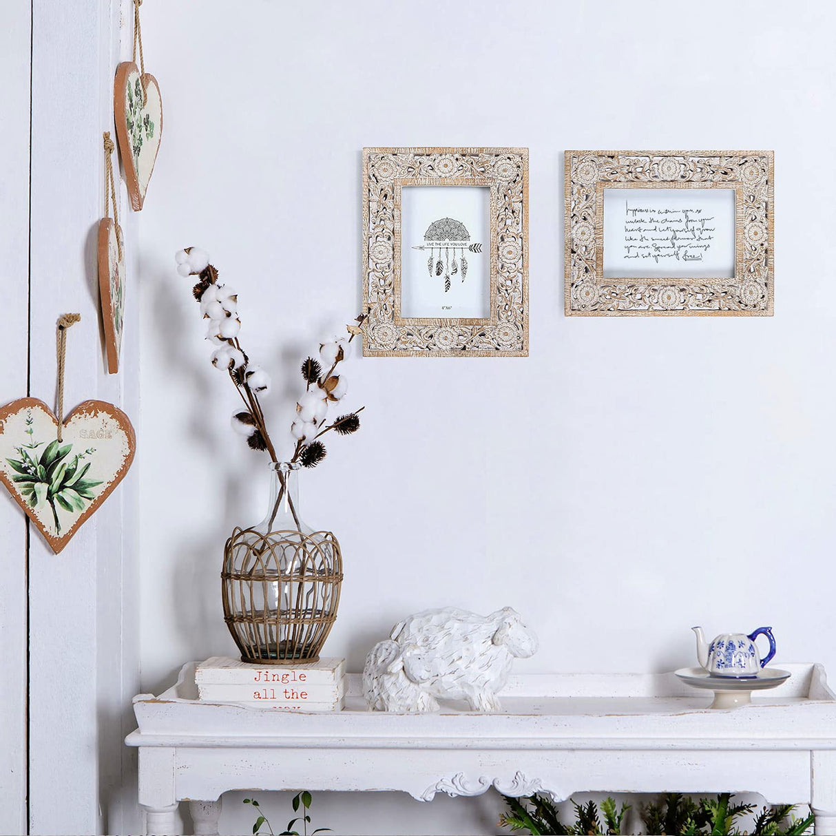NIKKY HOME Farmhouse Boho Style Floral Picture Frame 4x6 Rustic Resin Photo Frame with Distressed White Finish, High Definition Glass for Wall and Table Top Display NIKKY HOME