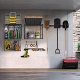 ALIESTFDNO Garage Shelves Wall Mount with Wire baskets, 8-IN-1 Heavy Duty Garage Wall Shelving with Garden Tool Rack 2pack & 6pcs Hooks, Wire Shelf Baskets Tool Shelves for Home Garage Garden Storage ALIESTFDNO