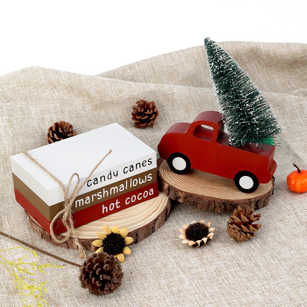 Christmas Decorations Indoor, Christmas Decor - Wooden Book Stack & Red Truck with LED Lighted Tree Christmas Signs for Table, Tiered Tray, Shelf and Mantel - Holiday Decor for Home/Office