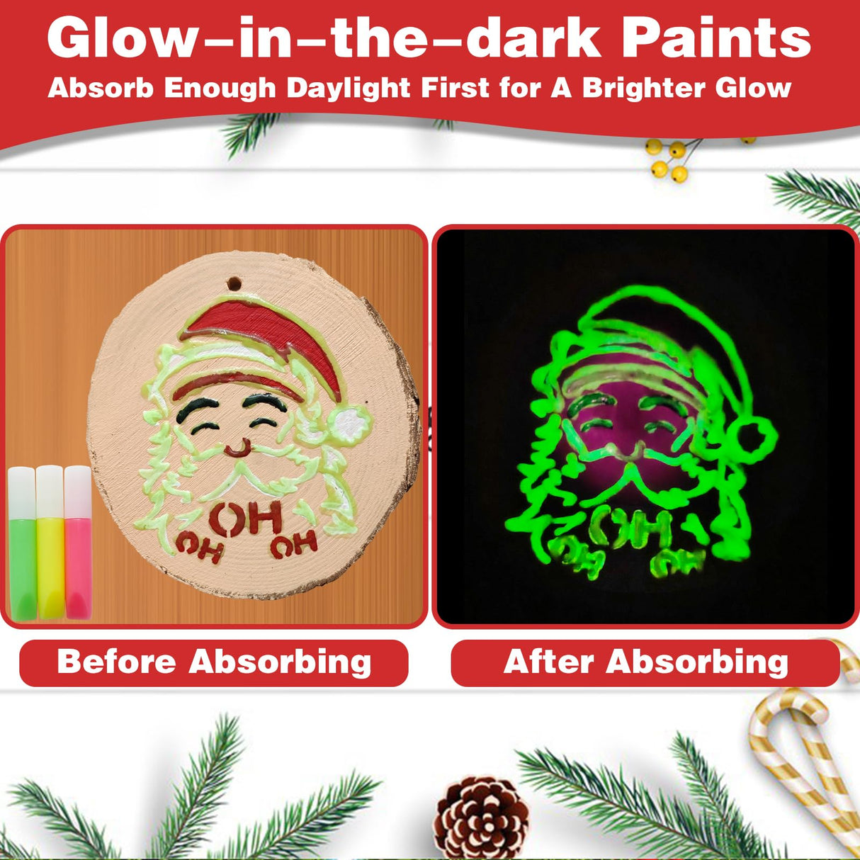 Wood Ornaments for Crafts, 20 Pcs Unfinished Wood Slice Predrilled with Hole Wooden Circles Christmas Craft Kits, Glow in The Dark DIY Ornament Decorating Art Kit with Xmas Painting Stencils Golabarell