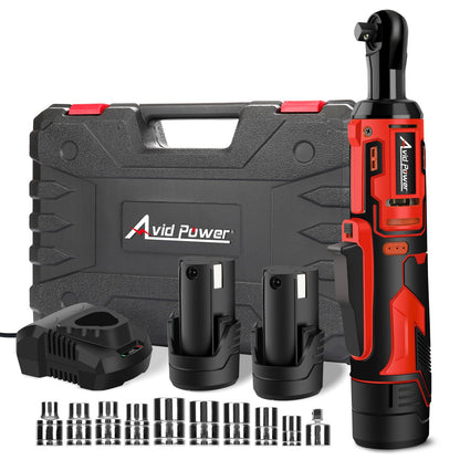 AVID POWER Cordless Electric Ratchet Wrench 3/8", 44.2 Ft-lbs 12V Power Ratchet Wrench Kit w/Two 2.0Ah Batteries, 1-Hour Fast Charger, Variable Speed and 10 Sockets - WoodArtSupply