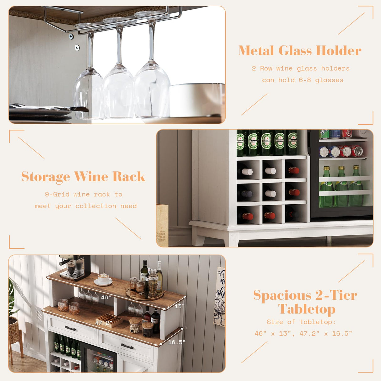 AMERLIFE 47" Farmhouse Coffee Bar Cabinet with 15" Refrigerator & Wine Rack & Glass Holder, Wine Cabinet with Storage Drawers & Open Shelves, Sideboard Buffet Cabinet for Dinging Room, Living Room AMERLIFE