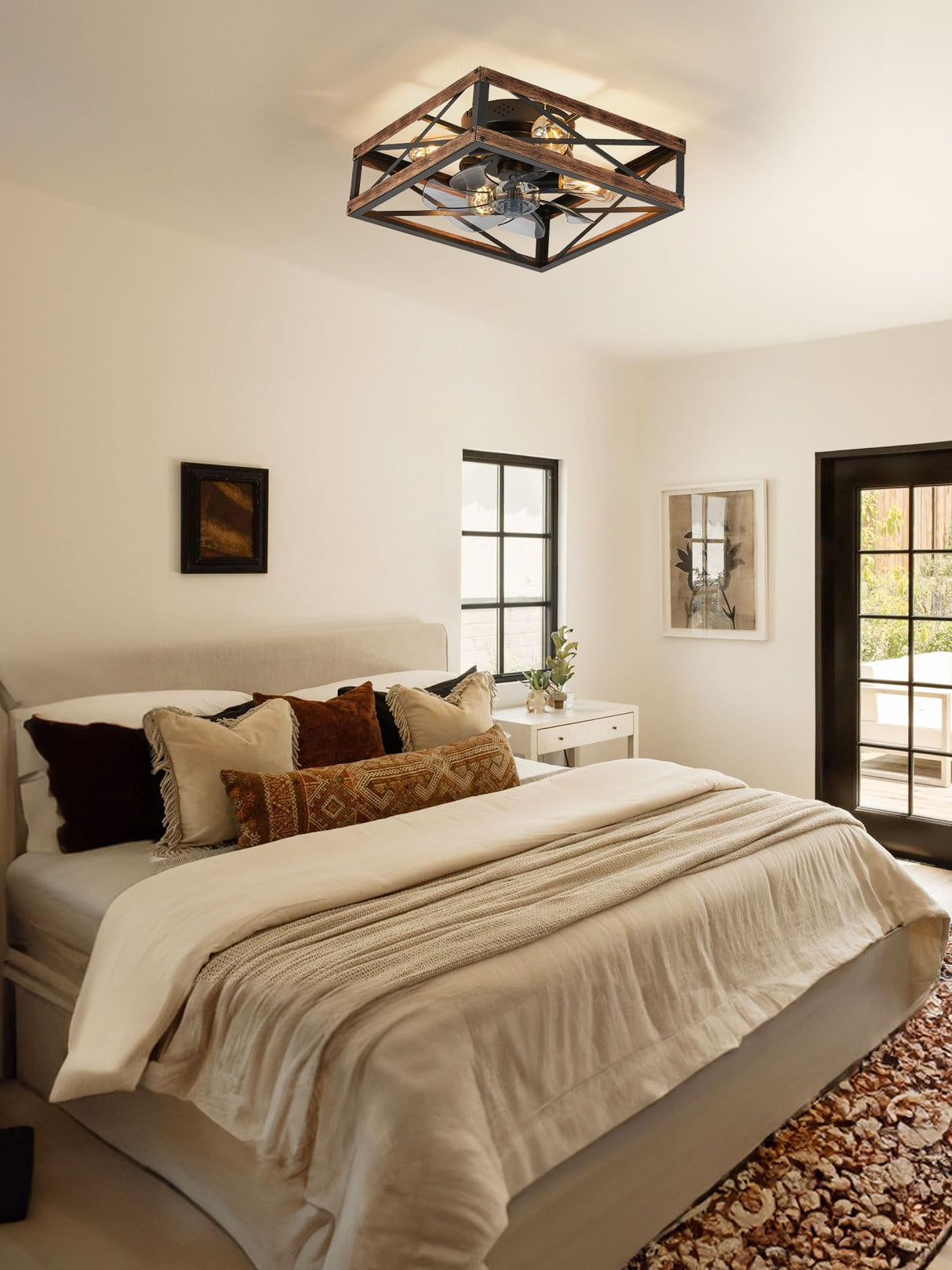 LEDIARY Caged Low Profile Ceiling Fans with Lights and Remote, Rustic Square Flush Mount Ceiling Fan, 6 Speed and Reversible, Small Farmhouse Bladeless Ceiling Fan for Bedroom, Kitchen, Dining Room LEDIARY