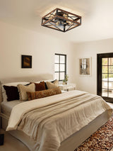 LEDIARY Caged Low Profile Ceiling Fans with Lights and Remote, Rustic Square Flush Mount Ceiling Fan, 6 Speed and Reversible, Small Farmhouse Bladeless Ceiling Fan for Bedroom, Kitchen, Dining Room LEDIARY