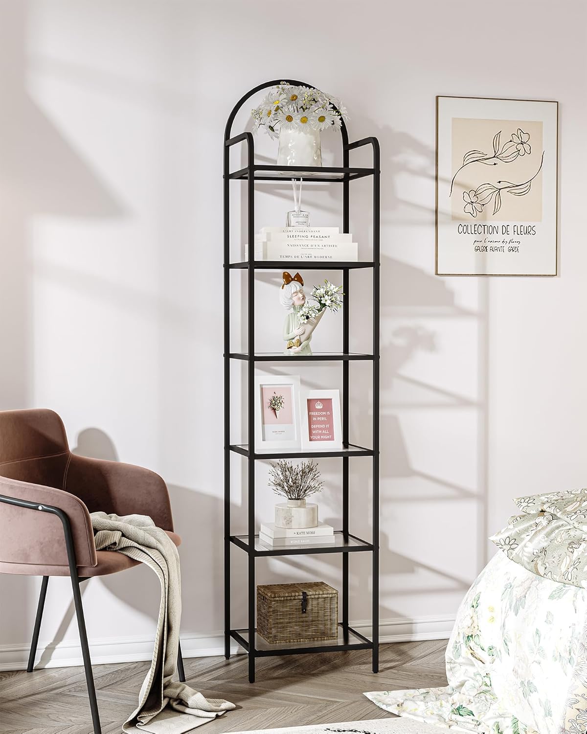 Hzuaneri Bookcase Bookshelf, Tempered Glass Bookshelves, Slim Shelving Unit for Bedroom, Bathroom, Home Office, Steel Frame, 6 Tier Black BC10601B Hzuaneri