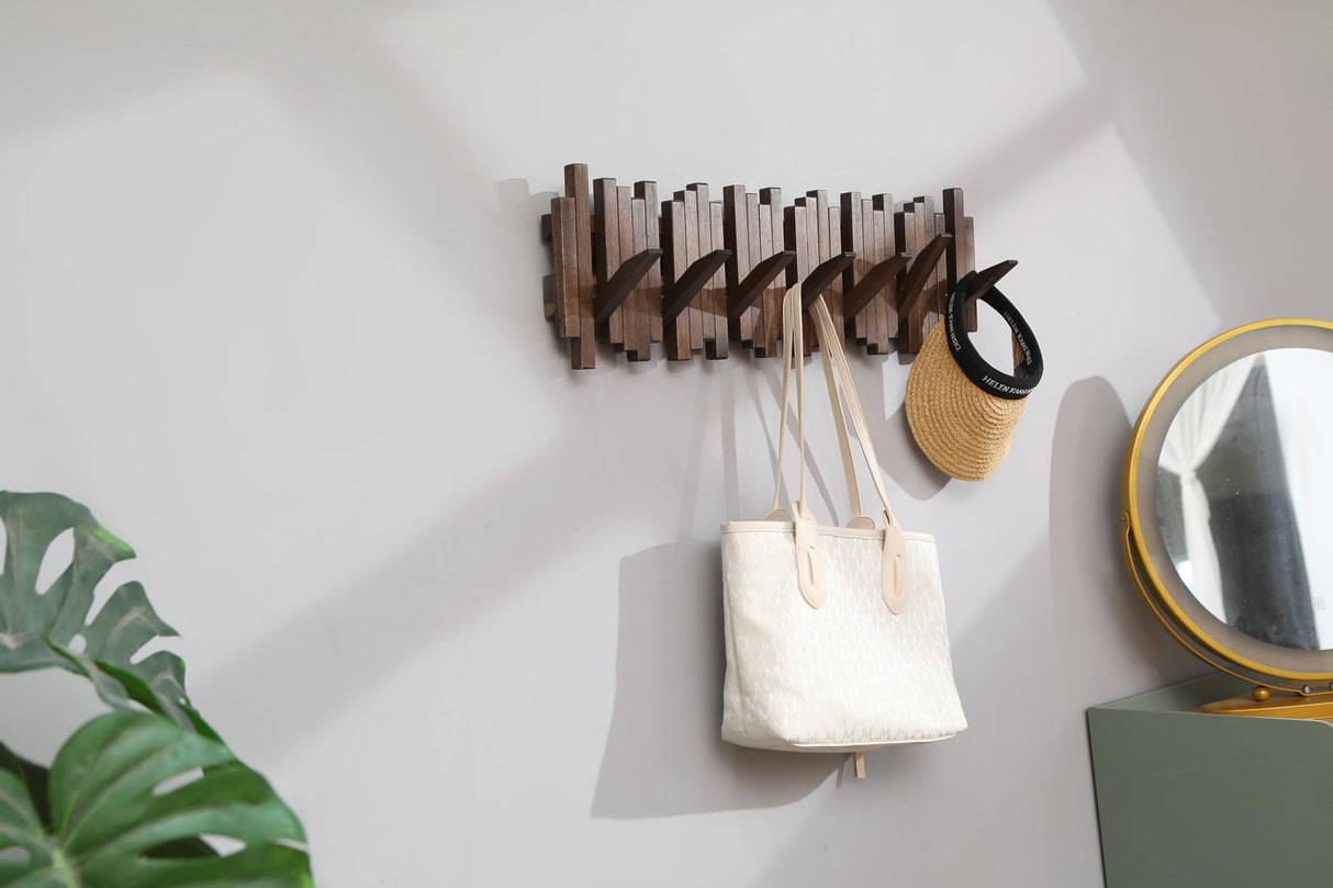 GOGREEBELL Natural Wood Wall Mounted Piano Coat Rack| Coat Rack Wall Mount| Flip Down Wall Hook Rack 7 Hooks| Entryway Wall Art Hook,Made of Acacia Wood (Wood Wax Oil Dyed Walnut Color).Wall Art GOGREEBELL