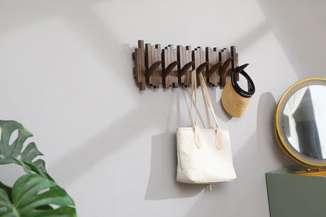 GOGREEBELL Natural Wood Wall Mounted Piano Coat Rack| Coat Rack Wall Mount| Flip Down Wall Hook Rack 7 Hooks| Entryway Wall Art Hook,Made of Acacia Wood (Wood Wax Oil Dyed Walnut Color).Wall Art GOGREEBELL