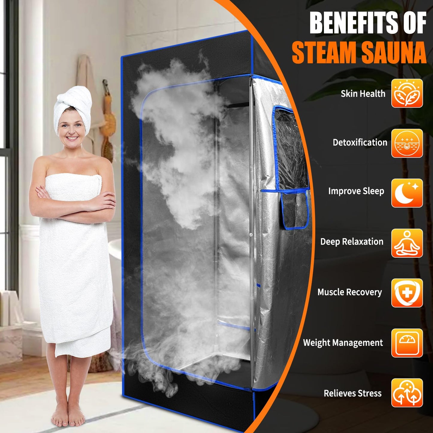 Portable Steam Sauna Box, Personal Home Spa Room, Sauna Sweat Tent for Boost Health and Recovery, with 3L & 1500W Steamer, Large Chair, 9 Level Remote Control, Non-Slip Mat