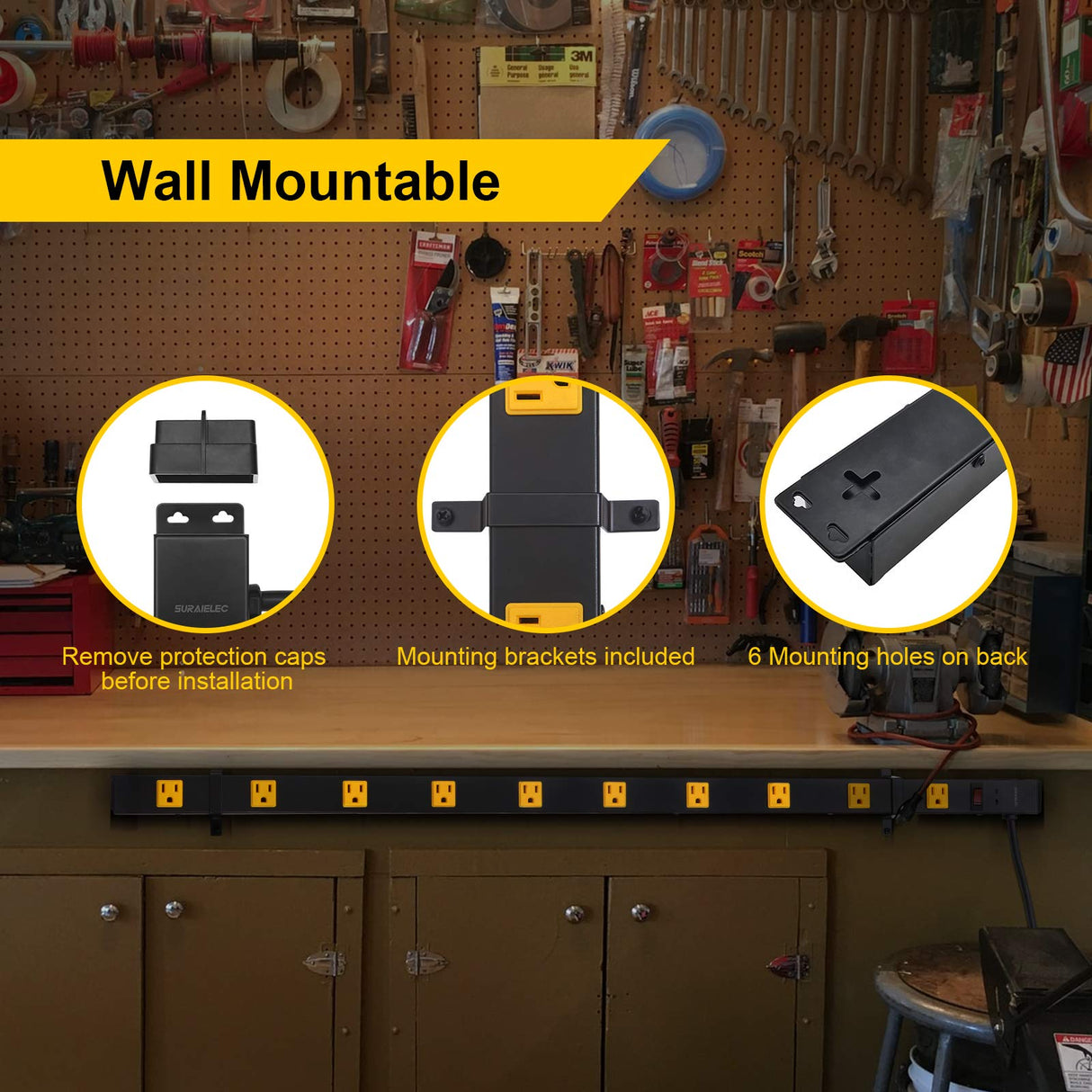 SURAIELEC 10 Outlet Long Power Strip Surge Protector, Industrial Heavy Duty Metal Shop Power Strip with Flat Plug, 1000 Joules, 15 AMP Breaker, 6FT Cord, Wall Mountable, for Work Bench, Shop, Garage SURAIELEC