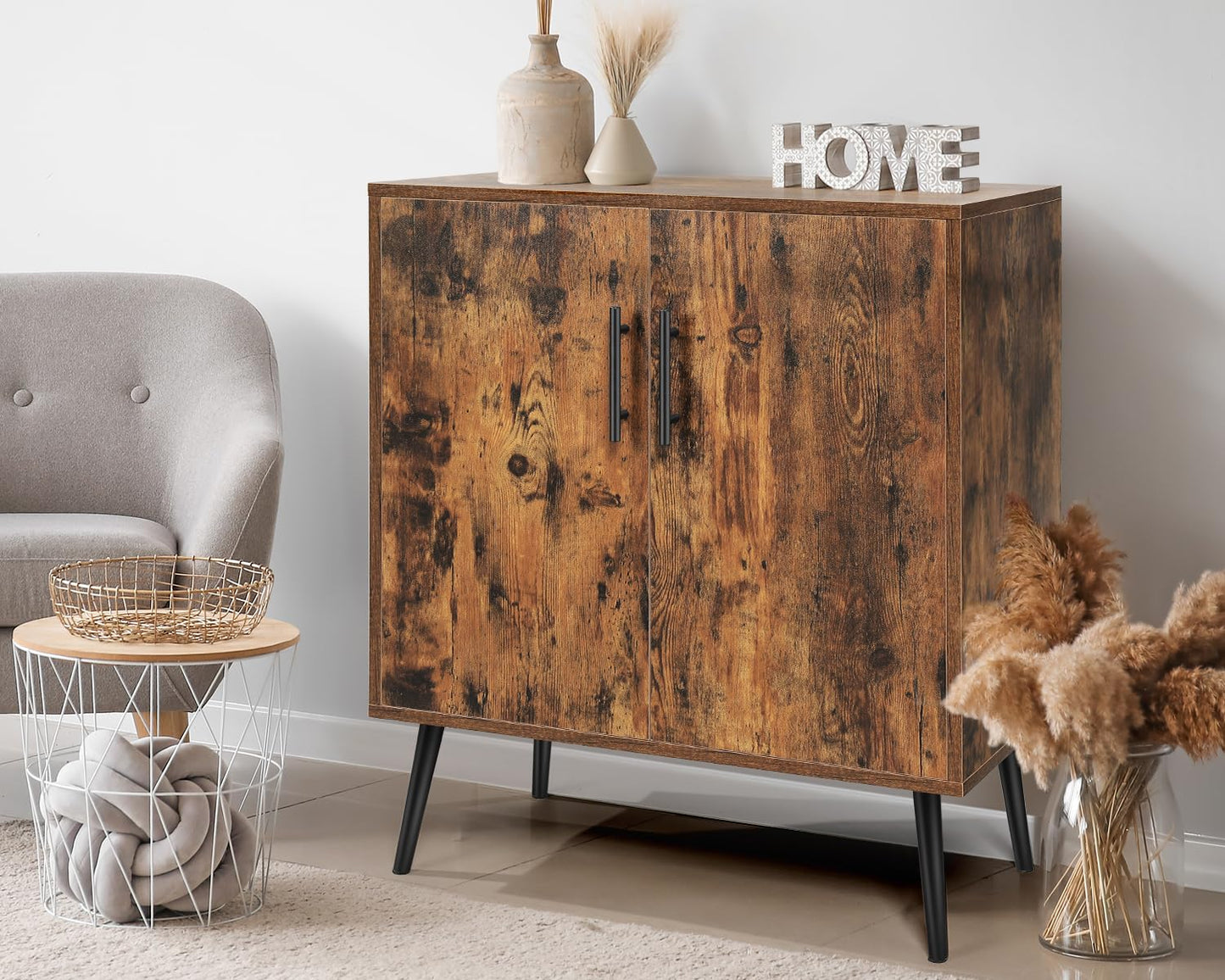 Likein Storage Cabinet with 2 Doors, Mid Century Sideboard Buffet Cabinet with Storage, Accent Storage Cabinet with Adjustable Shelves for Living Room, Office, Bedroom, Entryway, Rustic Brown