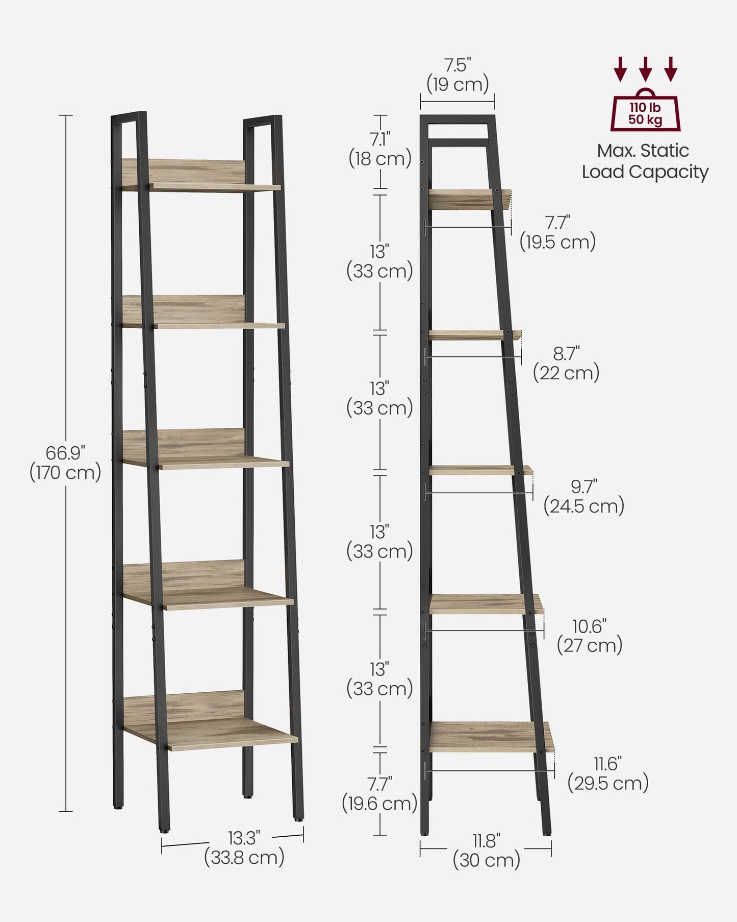 VASAGLE Bookshelf, 5-Tier Narrow Bookcase, Ladder Shelf for Home Office, Living Room, Bedroom, Kitchen, Camel Brown and Black ULLS109B50V2