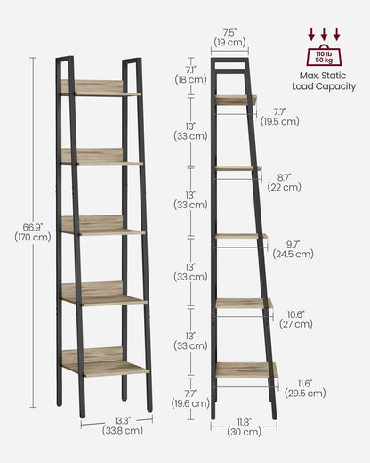 VASAGLE Bookshelf, 5-Tier Narrow Bookcase, Ladder Shelf for Home Office, Living Room, Bedroom, Kitchen, Camel Brown and Black ULLS109B50V2