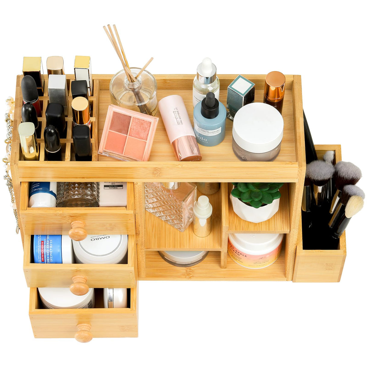 Elsjoy Bamboo Makeup Organizer with 3 Drawers & 12-Grid Lipstick Holder, Desk Bamboo Vanity Jewelry Organizer, Countertop Cosmetic Storage Box Stand with Hooks for Hanging Jewelry Elsjoy