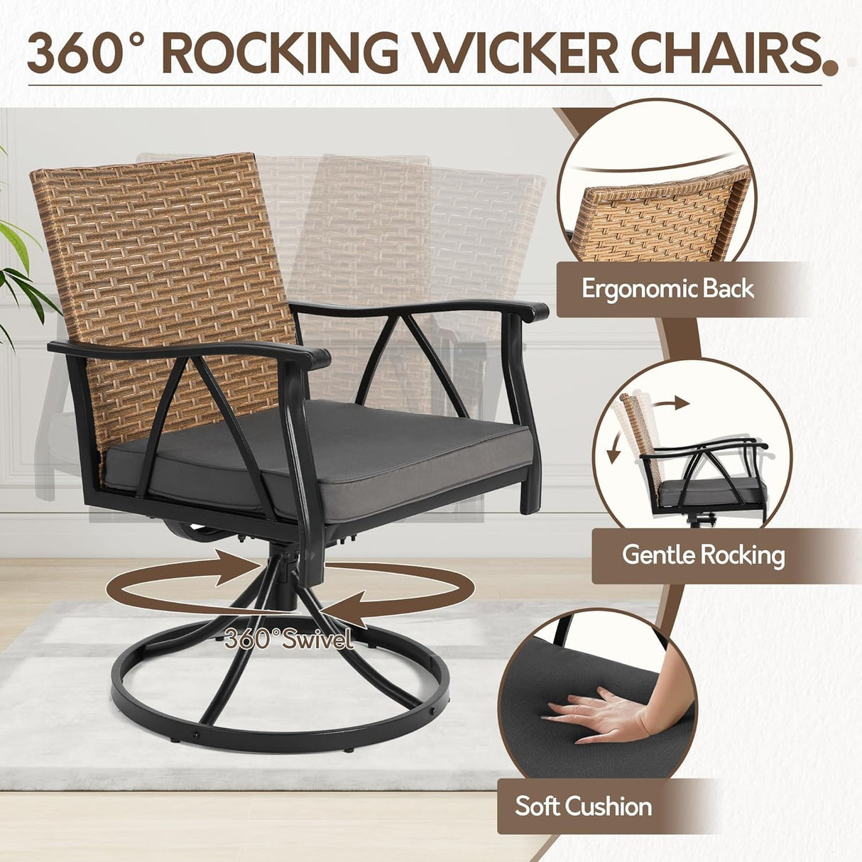 Andehomy 5-Piece Patio Dining Set for 4，Outdoor Dining Set with Wicker Swivel Patio Dining Chairs with Cushions & 1 Black Square Woodgrain Dining Table with 1.75”Market Umbrella Hole, Black & Brown Andehomy