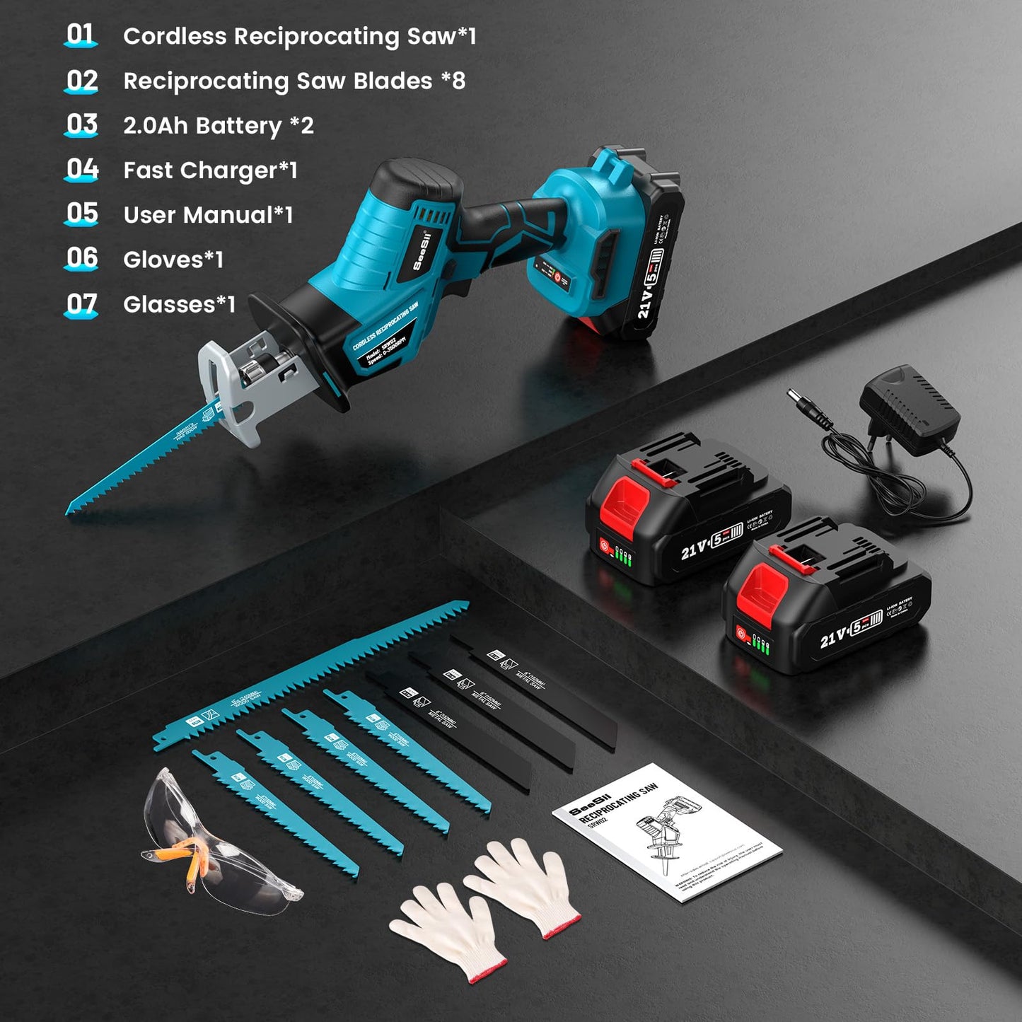 Reciprocating Saw Cordless, 2 * 2000mAh Batteries, 3500RPM Brushless Power Reciprocating Saw with LED Light, Tool-free Blade Change 8 Saw Blades Portable Reciprocating Saw for Wood PVC Cuttin - WoodArtSupply