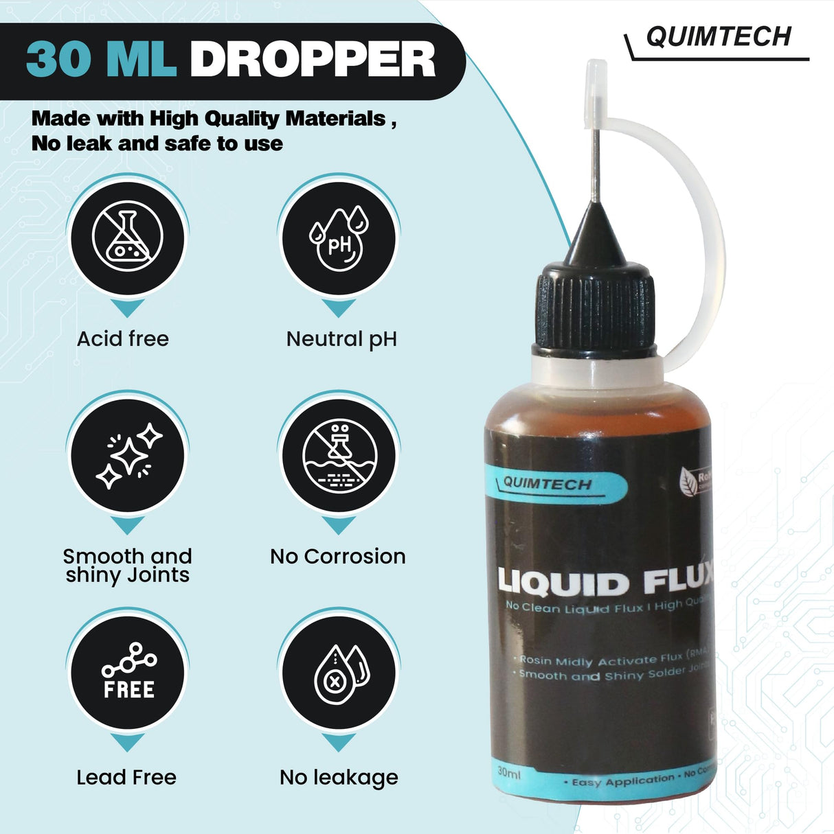 Liquid Solder Flux Dropper (30 ml/1 Oz.) I RMA Liquid Solder Flux I Soldering Flux I Electrical Solder I No Clean Liquid Flux I Rosin Flux I Soldering Flux for Electronics I Lead Free Liquid Solder I QUIMTECH