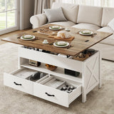Marsail 40" Lift Top Coffee Table, 4 in 1 Coffee Table with Hidden Compartment, 1 Open Shelf and 2 Drawers, Multifunctional Farmhouse Center Table for Living Room and Home Office, Brown and White Marsail