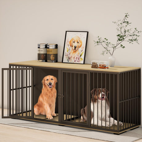 EBE Dog Crate Furniture, 71.6'' Metal Steel Frame Double Dog Kennel with 2 Rooms and Removable Divider, Heavy Duty Dog Crate Table Indoor TV Stand for Small Medium Large Dogs Black EBE