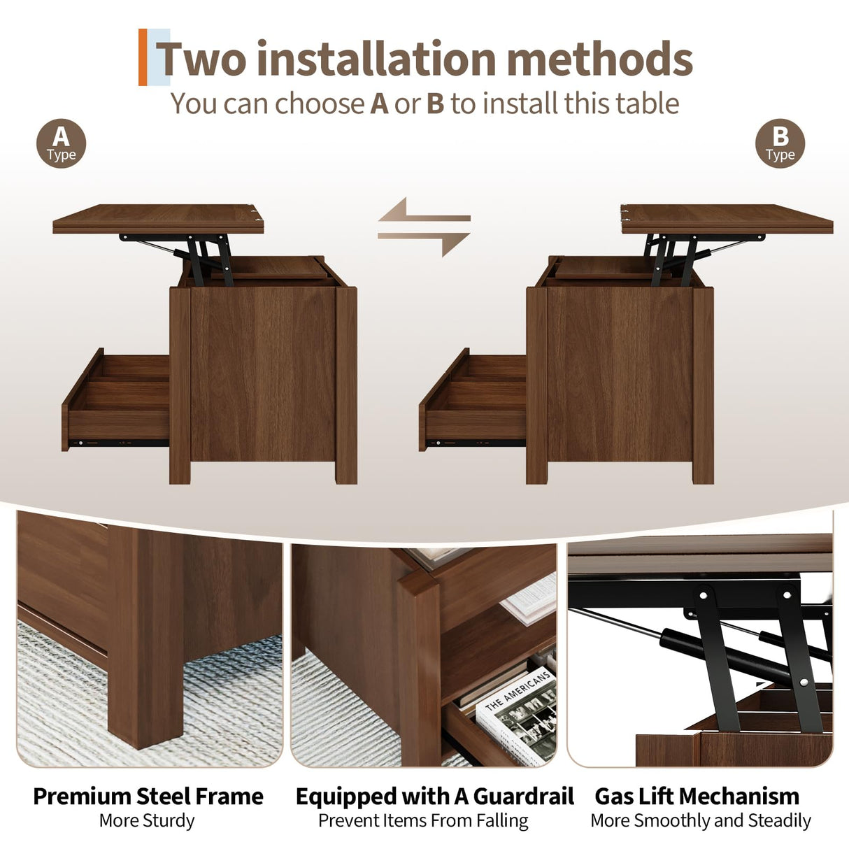 Garvee 40" Coffee Table Lift Top, Multi-Function Convertible Coffee Table with Drawers and Hidden Compartment, Converts to Dining Table for Living Room, Brown Garvee
