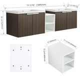 Lunanniu 71" Floating Bathroom Vanity with Double Sink Top Combo Set Ceramic Dual Basin Plywood Construction Soft Close Door Open Shelf Storage Cabinet Wall Mount Silver-Brown Stripe Lunanniu