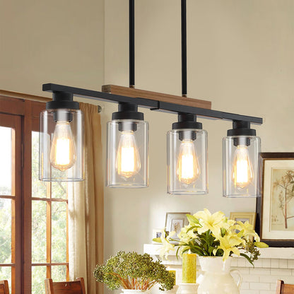 Dining Room Light Fixture Over Table,Farmhouse 4-Light Kitchen Island Lighting,Modern Wood Chandeliers for Dining Room with Adjustable Height,Industrial Black Kitchen Pendant Hanging Lights - WoodArtSupply