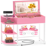 Cyclysio Vanity Desk with Flip Top Mirror and Lights, Makeup Vanity Desk with Drawers, Dressing Table with Storage Shelves & Charging Station, Small Vanity for Small Spaces, Pink Cyclysio
