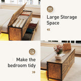 Fameill Full Size Bed Frame with Storage Ottoman and 2 Drawers, Farmhouse Metal Platform Bed with Headboard, LED Lights and Charging Station, No Box Spring Needed, Noise Free, Brown Fameill