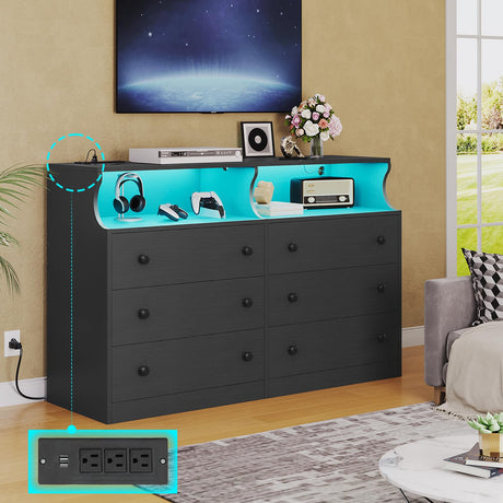 Hasuit 6 Drawer Dresser with LED Lights and Charging Station, Wide Chest of 6 Drawers with Open Space, Modern Large Capacity Storage Cabinet, Black Dresser for Bedroom, Living Room, Hallway Hasuit