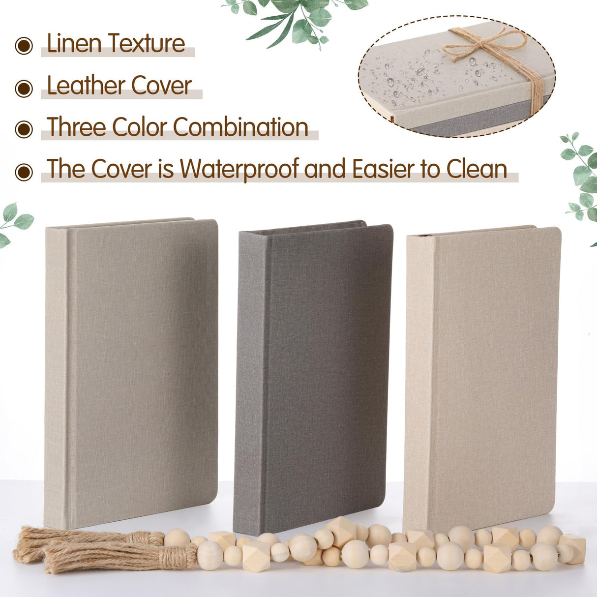 Feifeiya 3 Pieces Faux Decorative Books Set for Home Decor Fake Books for Shelves Coffee Table Stacked Linen Covered Decoration with Wood Bead Bookends Gift for Display in Living Room Farmhouse Feifeiya