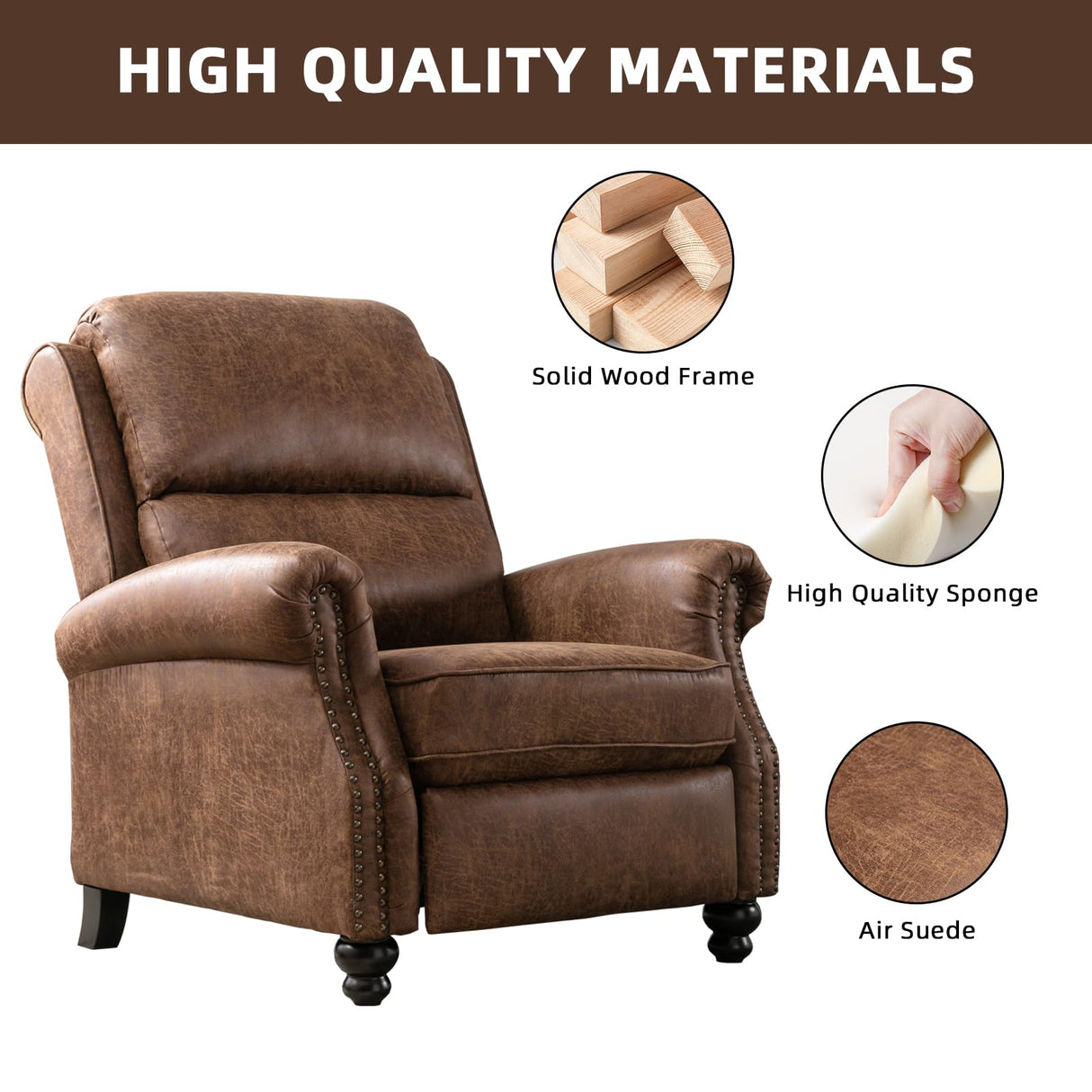 IOMOR Push Back Recliner Chair Faux Leather Lounge Armchair with Rivet Decoration Wingback Single Sofa Chair with Padded Seat Solid Wood Legs for Living Room, Chocolate IOMOR