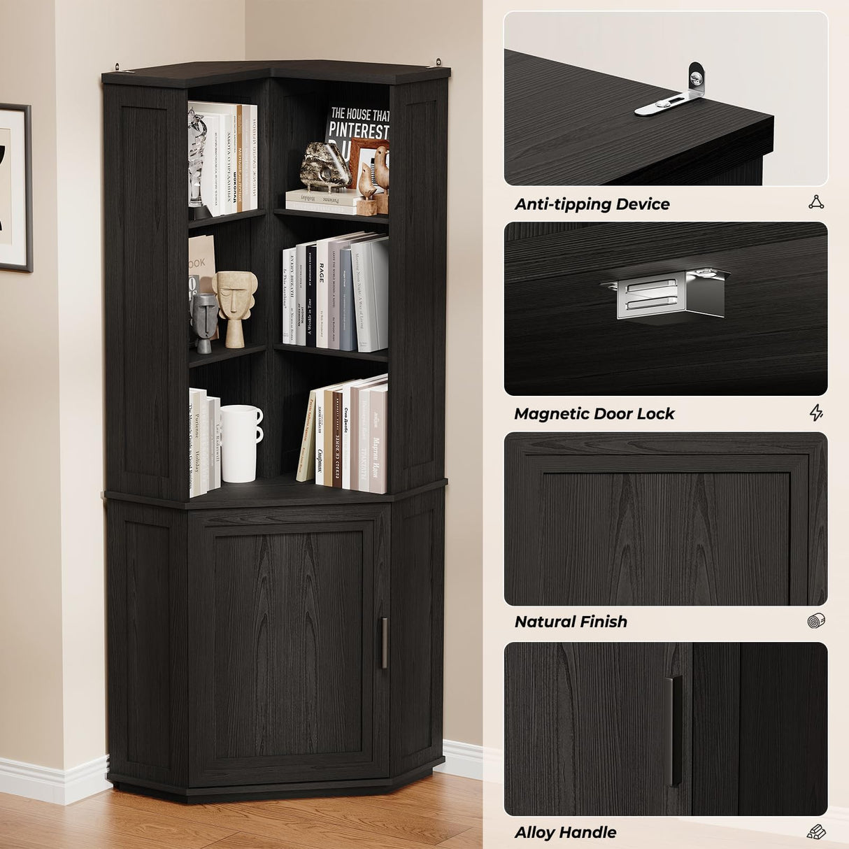 BROTTAR Corner Bookshelf, 67" Tall Corner Bookcase with Large Storage, Storage Cabinet for Books, L-Shaped Bookshelf with Cabinet for Living Room, Home Office, Bedroom, Black BROTTAR