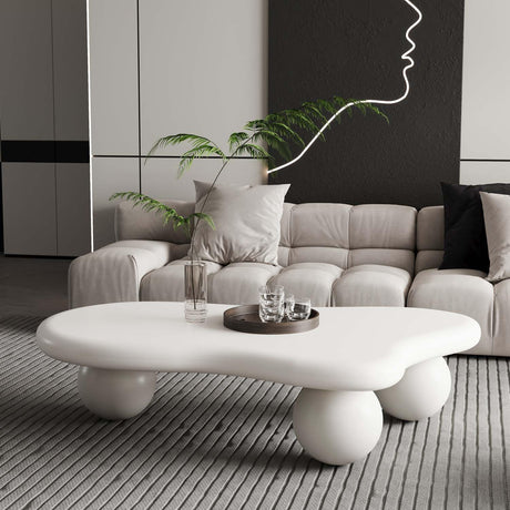 47" Modern White Coffee Table Cloud Shape Low Center Table Cute Irregular Indoor Tea Table with 3 Ball Legs for Living Room Small Space FGXJY