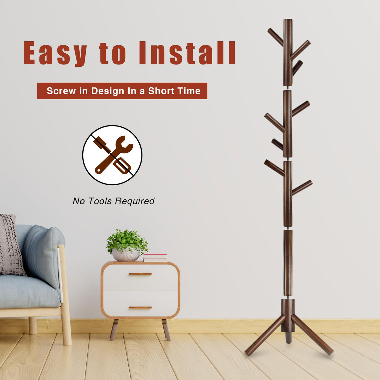 Azaeahom Wooden Coat Rack Stand, Free Standing Coat Rack with 8 Hooks 3 Adjustable Heights for Clothes, Hats, Handbags, Coat Tree Easy Assembly for Entryway, Bedroom, Hallway, Office (New Brown) Azaeahom