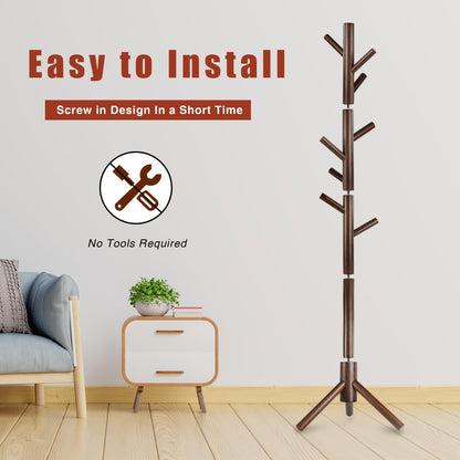 Azaeahom Wooden Coat Rack Stand, Free Standing Coat Rack with 8 Hooks 3 Adjustable Heights for Clothes, Hats, Handbags, Coat Tree Easy Assembly for Entryway, Bedroom, Hallway, Office (New Brown)