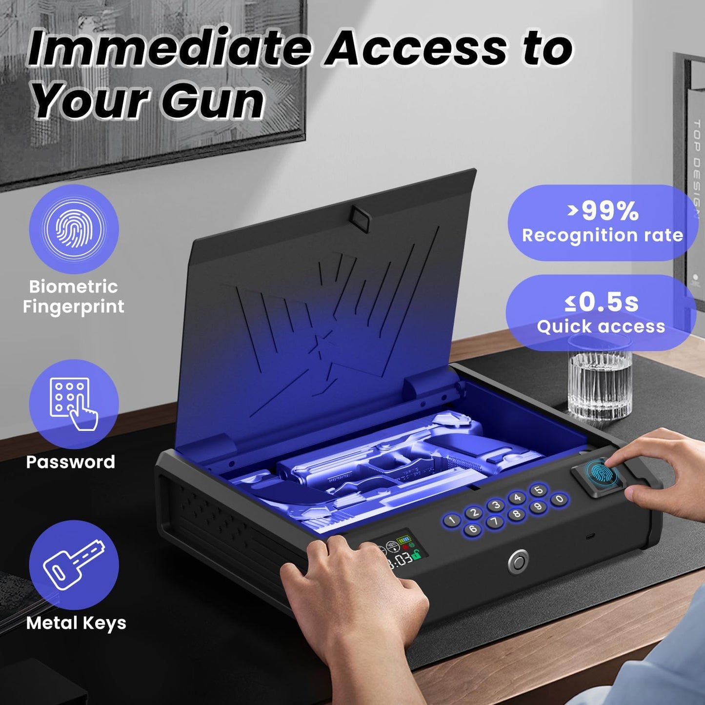 MOJOHAND Gun Safe for Pistols with LCD Display of Temperature Humidity, Fingerprint Quick-Access, Firearm Safety Device with Keys, Smart Handgun Safe for Nightstand, Car, 2 Gun Capacity