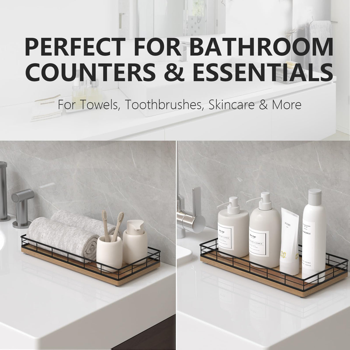 Toilet Paper Basket Organizer – Acacia Wood Toilet Tank Tray with Metal Frame, Back of Tank or Top Bathroom Counter Storage – Black & Acacia Modern Decor Focusonit