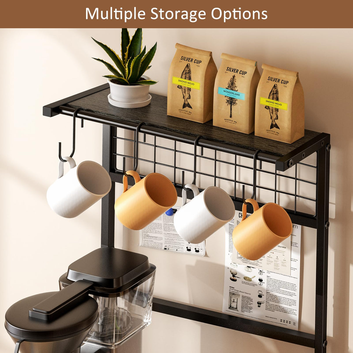 5 Tier Coffee Bar Station, Coffee Stand Station with 4 S-Shaped Hooks, Farmhouse Corner Coffee Bar for Small Spaces, Bakers Rack for Kitchen, Entryway, Living Room, 13.43"D x 18.93"W x 53.31"H,Gray DAOUTIME