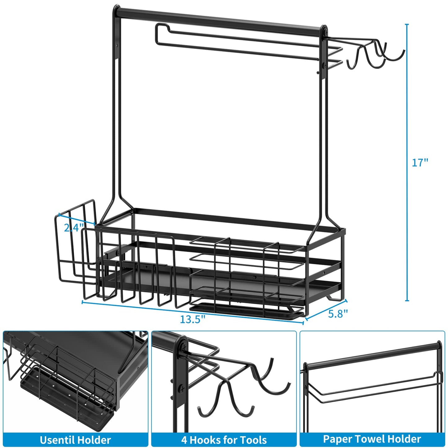 BBQ and Grill Caddy with Paper Towel Holder, Iron Steel Handle & 4 Hooks – Camper Accessories Condiment Caddy – Plates, Cutlery and BBQ Organizer for Camping Outdoor Grilling Tool Accessories