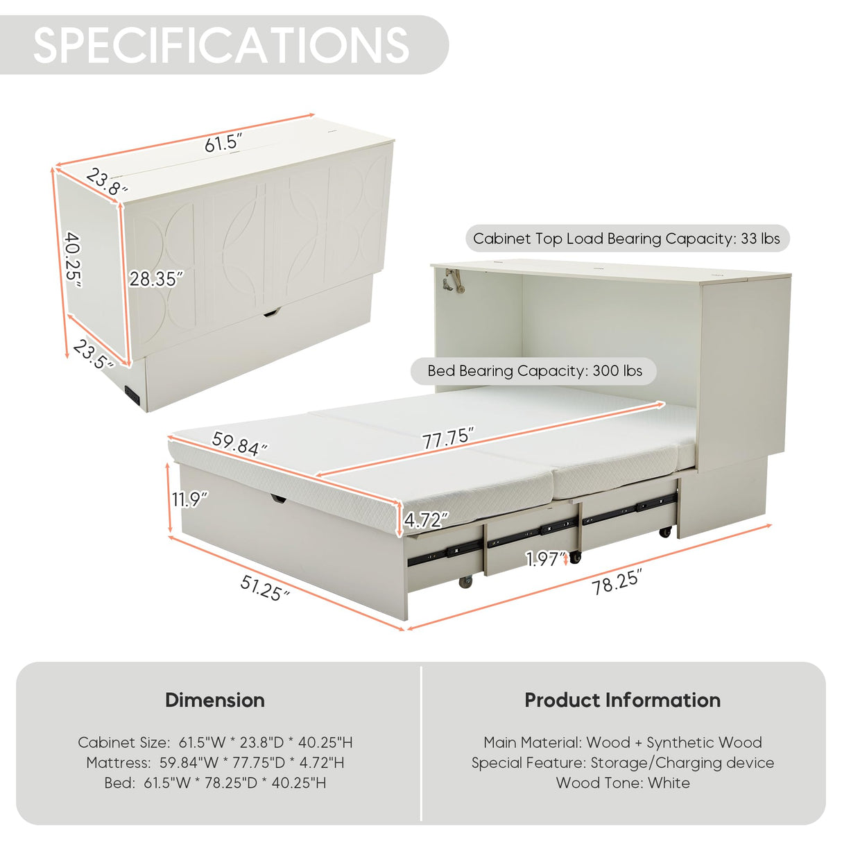 VYNELITO Queen Murphy Bed with Charging Station & Drawer, Wood Murphy Cabinet Bed Frame with Tri-Folding Mattress, Space-Saving Guest Folding Bed for Bedroom Living Room Office Guestroom-White VYNELITO