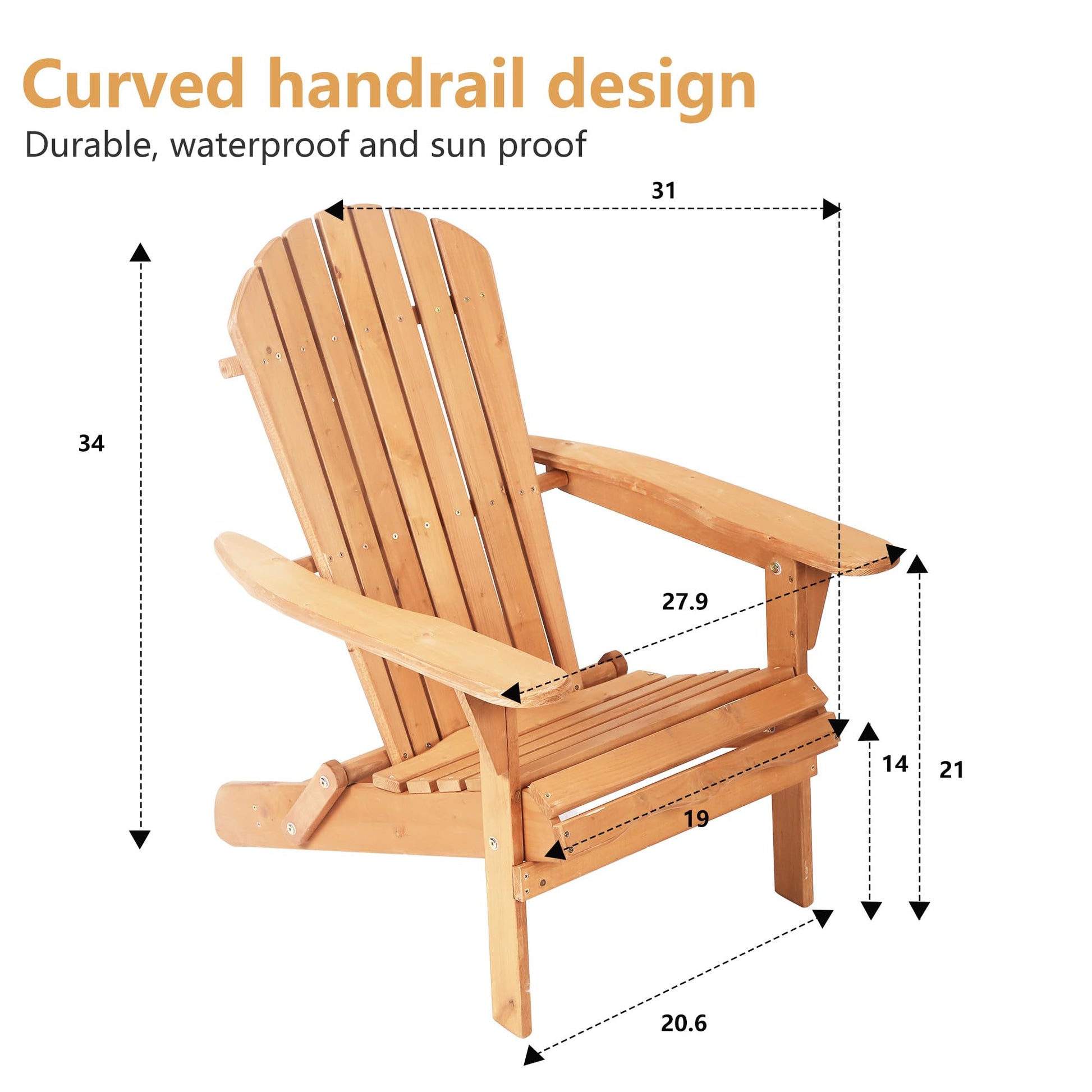 Set of 2 Adirondack Chairs Folding Outdoor Lawn Chairs Weather Resistant Patio Fire Pit Chairs with Wooden Construction for Garden Lawn Beach Outdoor Balcony, Natural - WoodArtSupply