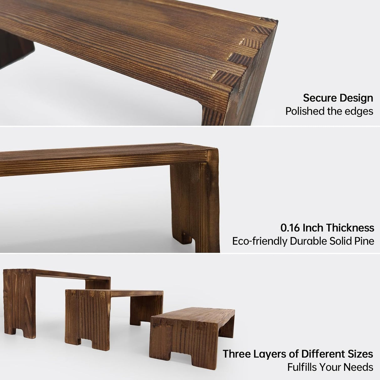 Yikaroeli Display Risers-3 Tier Wood Risers Decorative Rectangular Display Stands Arranging and Showcasing your favorite items(6-piece Set) (Brown Wood) Yikaroeli