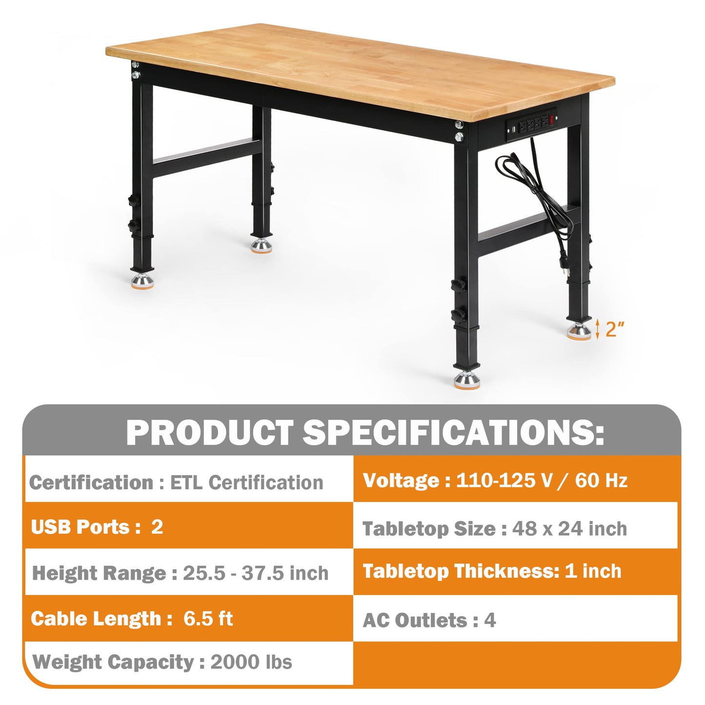 Betterhood Adjustable Height Workbench, 48" Rubber Wood Top Heavy Duty Workstation with Power Outlets, 2000 LBS Load Capacity Hardwood Worktable for - WoodArtSupply