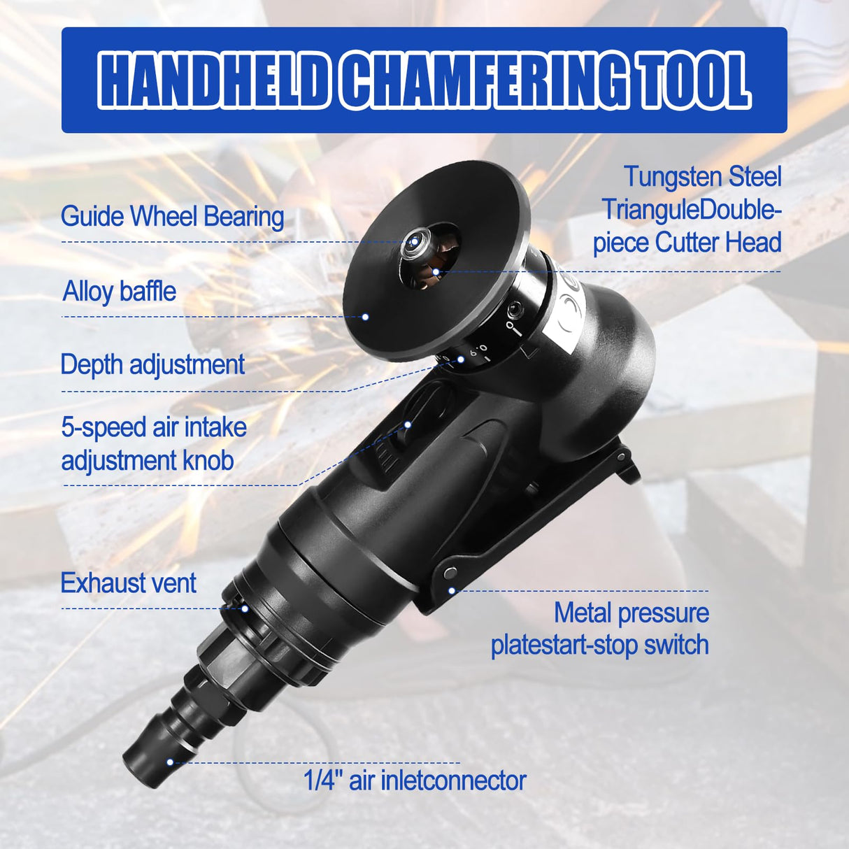 Pneumatic Chamfering Tool Handheld, Mini Air-Powered Chamfering Machine Trimming, 45° Arc Corner with 1/4 Inch Air Inlet for Metal Wood Beveling Deburring (C&R Angle Blades) dcvbny