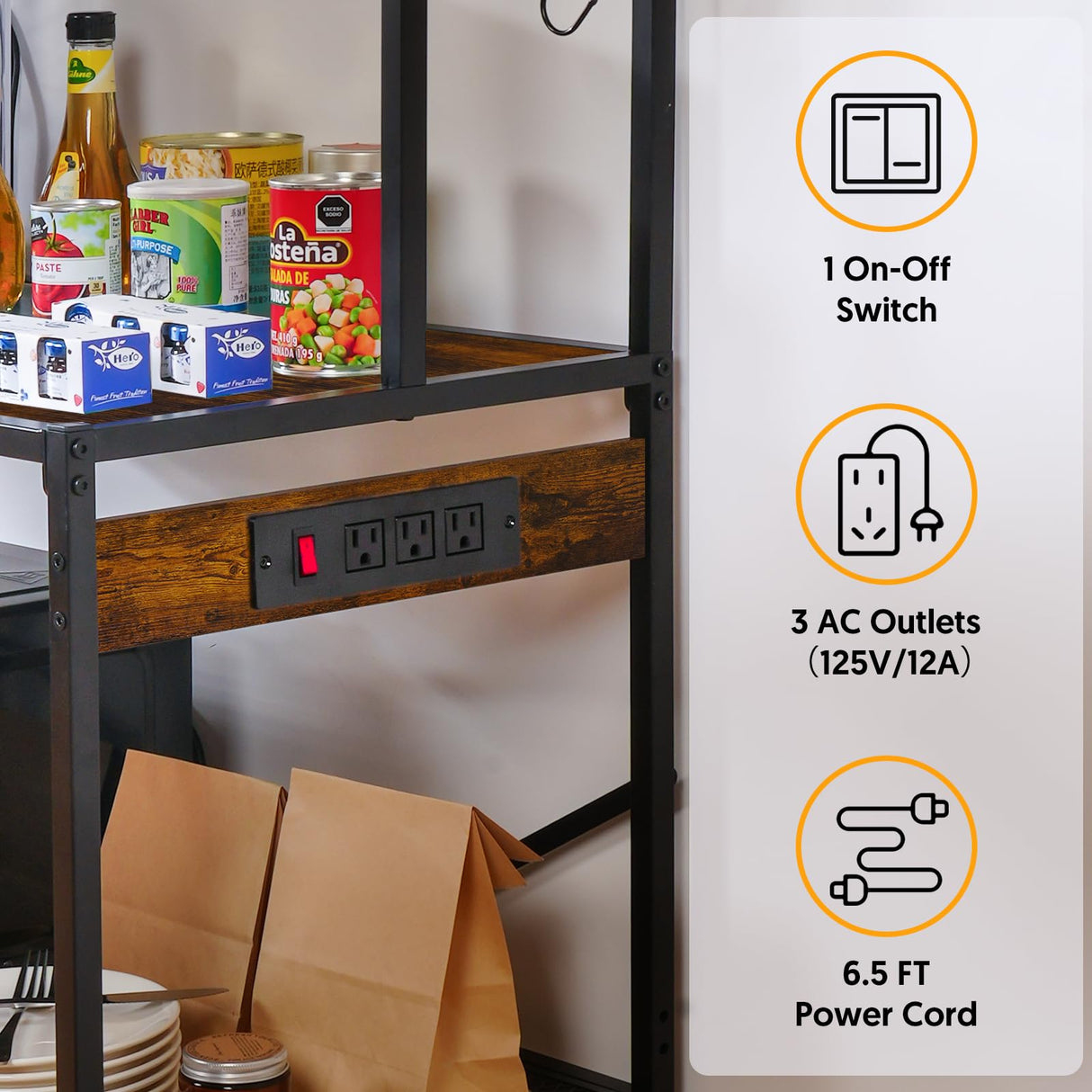 Home Limpidity Bakers Rack for Kitchen, 33-inch Wide Coffee Bar Station with Power Outlet, 5 Tier Microwave Stand Storage Shelf with S-Shaped Hooks, Metal Frame with Brown Wood Tabletop Home Limpidity